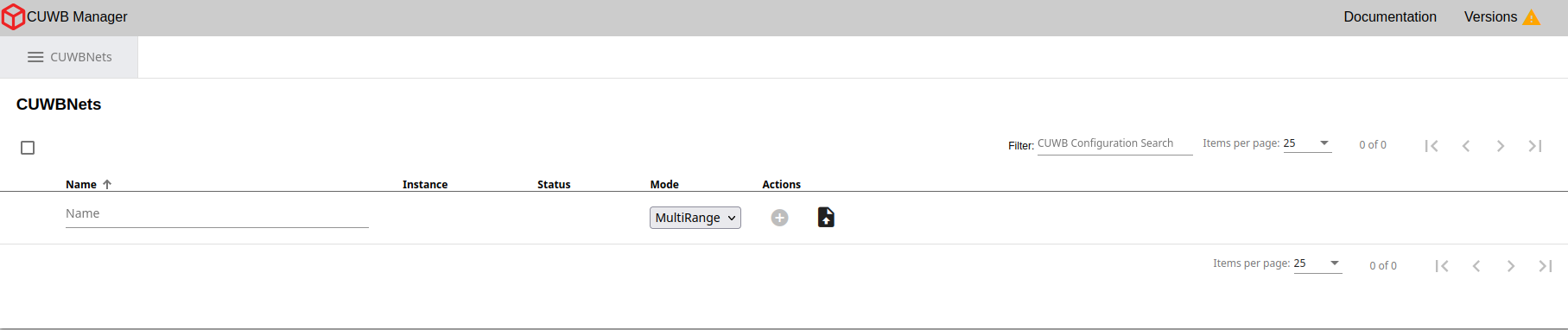 Initial CUWBNets page in CUWB Manager